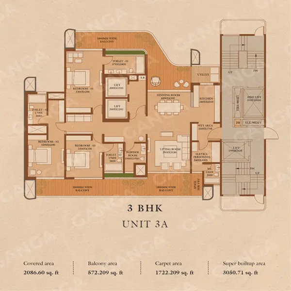 Ganga Realty Nandaka 3BHK 3050 sqft floor plan