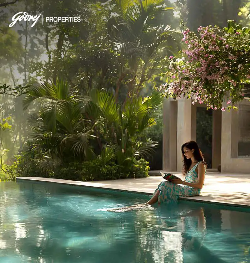 Peaceful poolside retreat surrounded by greenery at Godrej Miraya Sector 43 Gurugram luxury residences
