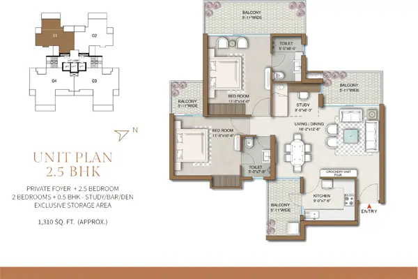 M3M Capital Floor Plan 2.5 BHK + Study 1310 Sq.Ft - at SCDA Smart City Sector 113 Gurgaon, Near Delhi Airport