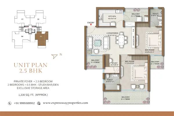 M3M Capital Floor Plan 2.5 BHK + Study 1330 Sq.Ft - at SCDA Smart City Sector 113 Gurgaon, Dwarka Expressway Near Delhi Airport