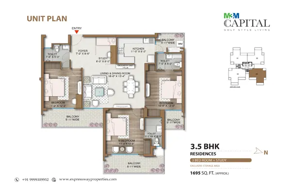 M3M Capital Floor Plan 3.5 BHK + Study 1695 Sq.Ft - Sector 113 Gurgaon, Dwarka Expressway Gurgaon