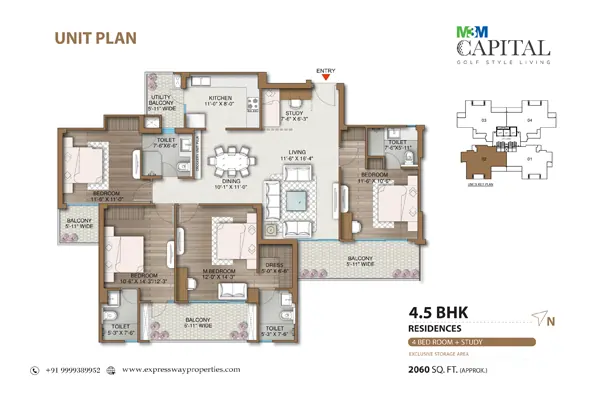 M3M Capital 113 Floor Plan 4.5 BHK + Study 2060 Sq.Ft