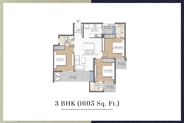 M3M Crown Floor Plan 3 BHK 1605 Sq.Ft - at SCDA Smart City Sector 111 Dwarka Expressway Gurgaon, Near Delhi