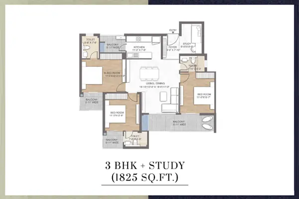 M3M Crown Floor Plan 3 BHK+STD  1825 Sq.Ft - Sector 111 Dwarka Expressway Gurgaon