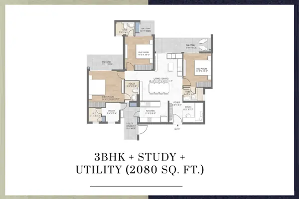 M3M Crown Floor Plan 3 BHK+STD+SQ  2080 Sq.Ft - at SCDA Smart City Gurgaon, Near Delhi Airport