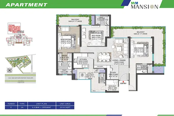 M3M Mansion Floor Plan 3.5 BHK + Servant 2310 Sq.Ft - at SCDA Smart City Sector 113 Gurgaon, Dwarka Expressway Near Delhi Airport