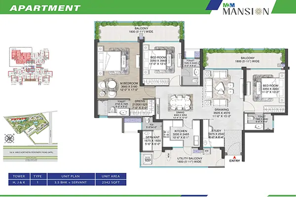 M3M Mansion Floor Plan 3.5 BHK + Servant 2342 Sq.Ft - at Sector 113 Gurgaon, Dwarka Expressway Near Delhi Airport
