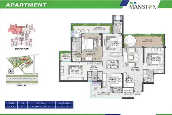M3M Mansion Floor Plan 4.5 BHK + Servant 2700 Sq.Ft - Sector 113 Gurgaon, Dwarka Expressway Gurgaon