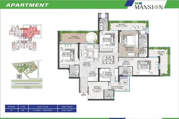 M3M Mansion Sector 113 Gurgaon - Floor Plan 4.5 BHK + Servant 2945 Sq.Ft