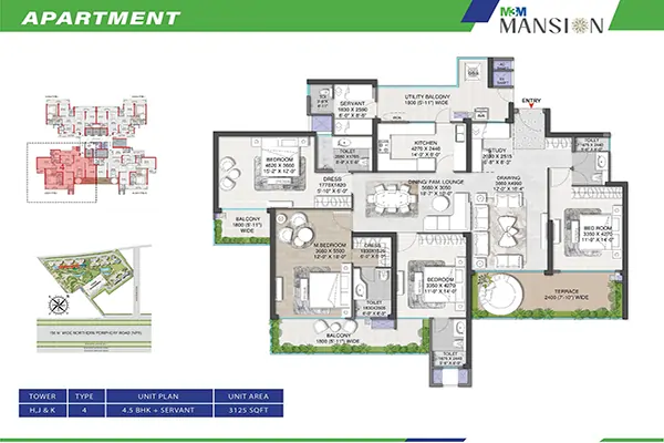 M3M Mansion Gurgaon Floor Plan 4.5 BHK + Servant 3125 Sq.Ft