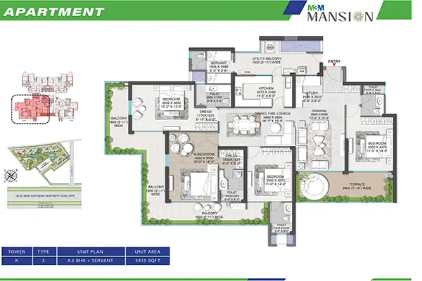M3M Mansion 113 Dwarka Expressway Gurgaon - Floor Plan 4.5 BHK + Servant 3415 Sq.Ft