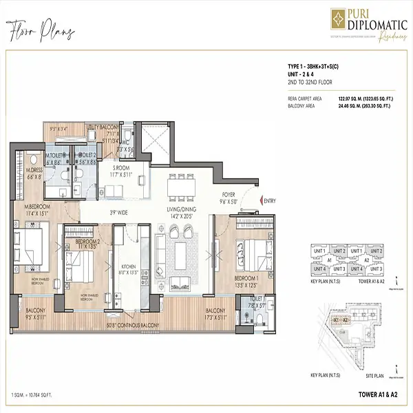 Puri Diplomatic Residences Floor Plan Download - 3 BHK With SQ Area 2282 SQ.FT.