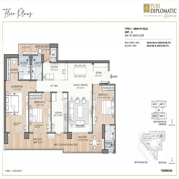 Puri Diplomatic Residences Floor Plan Download - 3 BHK With SQ Area 2380 SQ.FT.