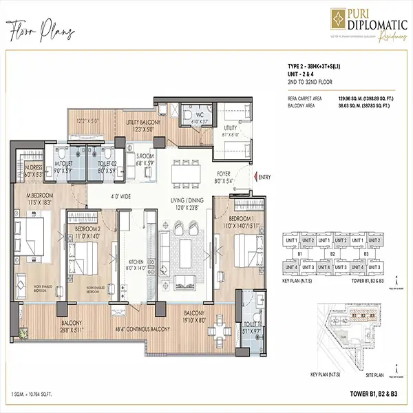 Puri Diplomatic Residences Floor Plan Download - 3 BHK With SQ Area 2440 SQ.FT.