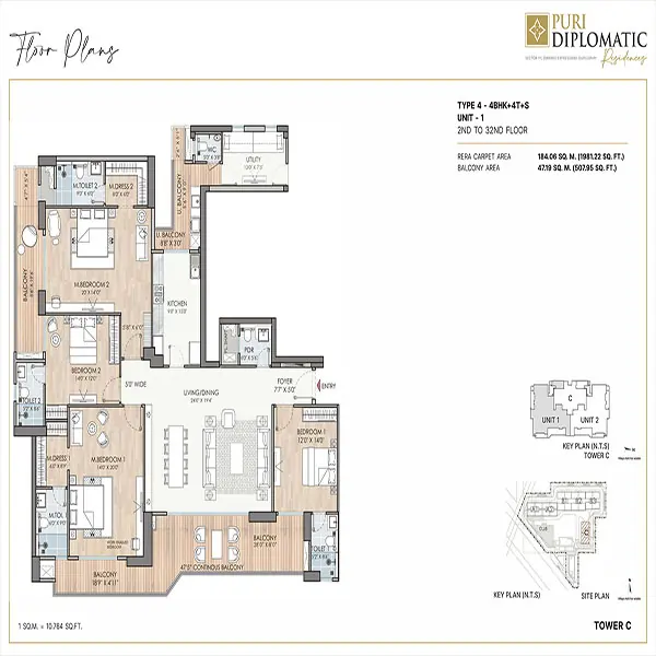 Puri Diplomatic Residences Floor Plan Download - 4 BHK With SQ Area 3475 SQ.FT.