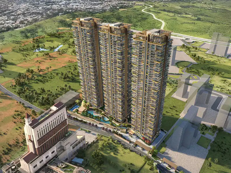 Aerial view of BPTP Downtown 66 residential towers and landscaped surroundings in Sector 66 Gurugram