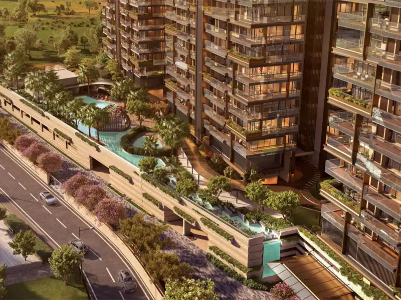BPTP Downtown 66 multi-layered landscape with water features and residential towers