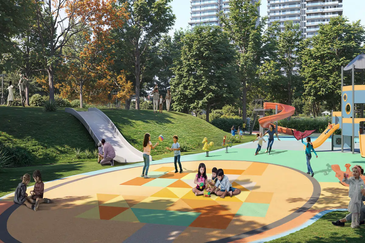 Emaar Serenity Hills Sector 86 Gurgaon vibrant kids play area with colorful slides, interactive playground equipment, and family-friendly recreational spaces amidst 8-acre central greens