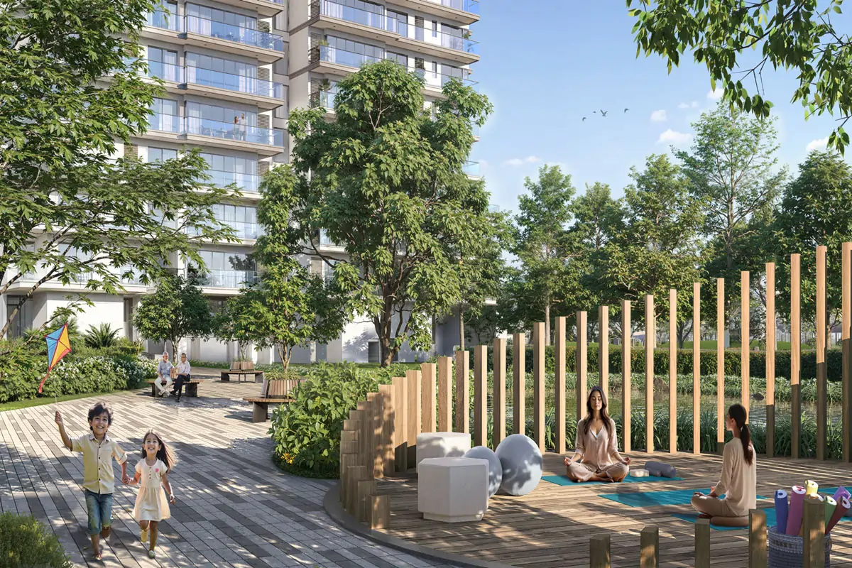 Emaar Serenity Hills Sector 86 Gurgaon dedicated yoga and meditation zone with wooden deck, natural landscaping, and serene wellness spaces for mindful living in New Gurugram