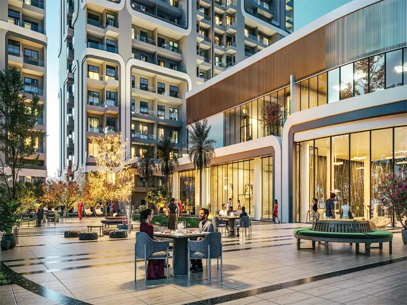 Artist's impression of Smartworld One DXP Sector 113 Gurgaon clubhouse courtyard with landscaped seating and social spaces