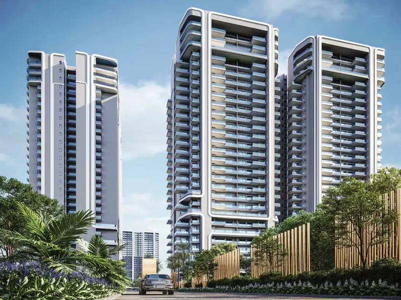 Artist's impression of Smartworld One DXP Sector 113 Gurgaon luxury residential towers and landscaped entrance