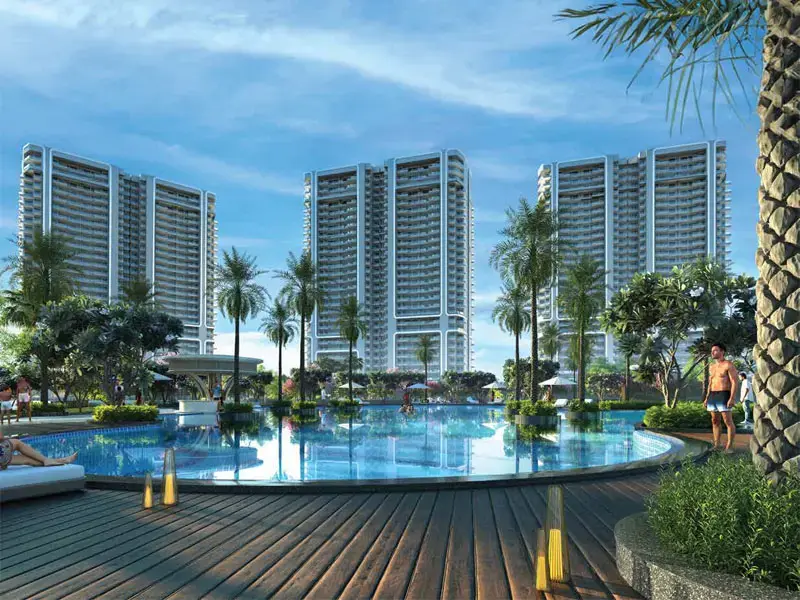 Artist's impression of Smartworld One DXP Sector 113 Gurgaon resort-style lagoon pool and central vista