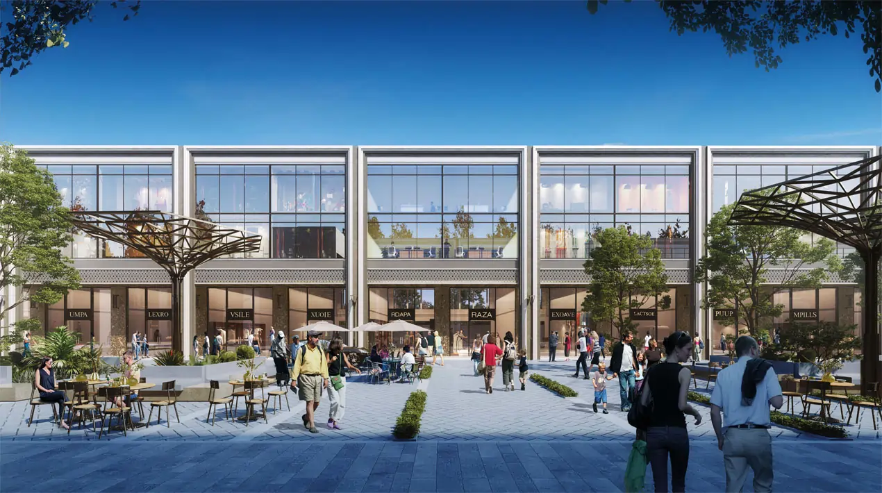 Straight-on view of multi-story retail shop fronts and glass elevations in Orris Gateway SCO plots project Sector 82A Gurugram